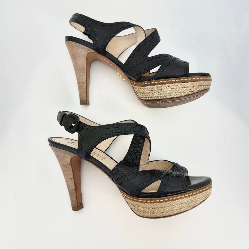 Prada Crisscross Platform Sandals Heels Black Leather Espadrille Platform 36.5 - Picture 4 of 12